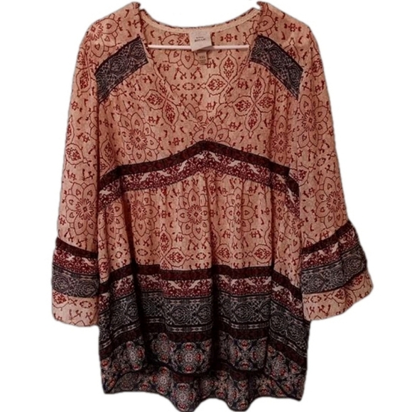 Knox Rose Tops - Knox Rose Burgundy Mix Boho Print Semi Sheer Ruffled 3/4 Sleeve & Tiered Hem XXL